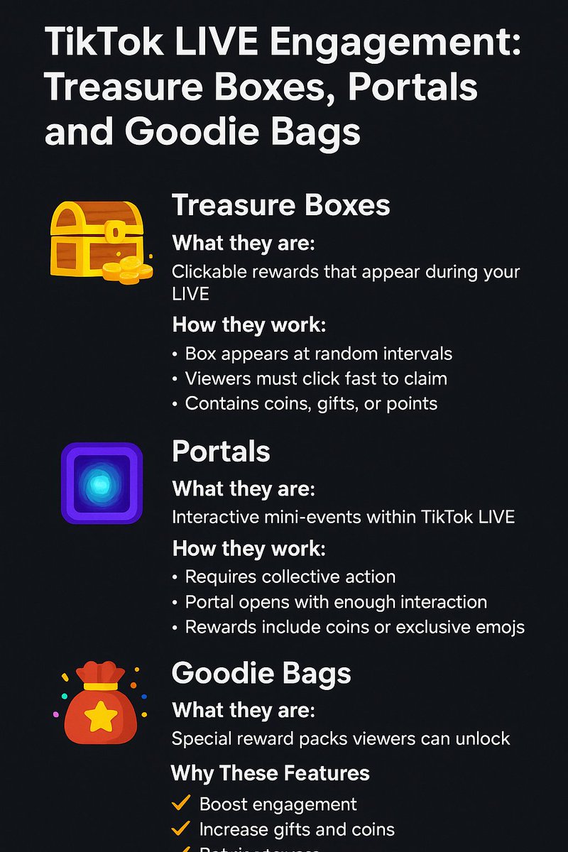 TikTok Live Stream Engagements tools: Treasure Boxes, Portals and .Goodie Bags

#diamondleagueagency #tiktok #favorited #twitch #livestreamagency