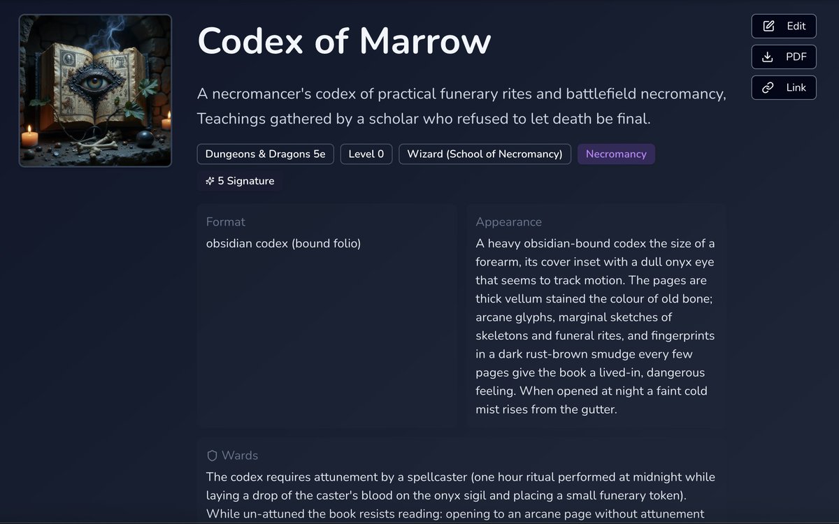 char_genAI's tweet image. Free Spellbook Generator

Choose your system (5E / PF), Level, and theme, and it gives you a full book with spells, notes, wards, and flavour text you can use straight in-game.

&quot;Did the Wizard drop a spellbook?&quot; 
&quot;Yes&quot;.

char-gen.com/spellbook-gene…

#DnD #TTRPG #DMTools #Fantasy