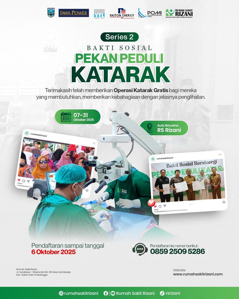 infokraksaan's tweet image. 𝗞𝗲𝗿𝗷𝗮 𝗕𝗮𝗿𝗲𝗻𝗴 𝗝𝗮𝘄𝗮𝗣𝗼𝘄𝗲𝗿 - 𝗬𝗧𝗟 𝗯𝗲𝗿𝘀𝗮𝗺𝗮 𝗣𝗮𝗶𝘁𝗼𝗻 𝗘𝗻𝗲𝗿𝗴𝗶 - 𝗣𝗢𝗠𝗜 Bantu operasi katarak 100 pasien dari keluarga kurang mampu di Kabupaten Probolinggo
Pendaftaran: 𝟬𝟴𝟱𝟵 𝟮𝟱𝟬𝟵 𝟱𝟮𝟴𝟲
Adakah disekitar kalian yang menderita Katarak ?