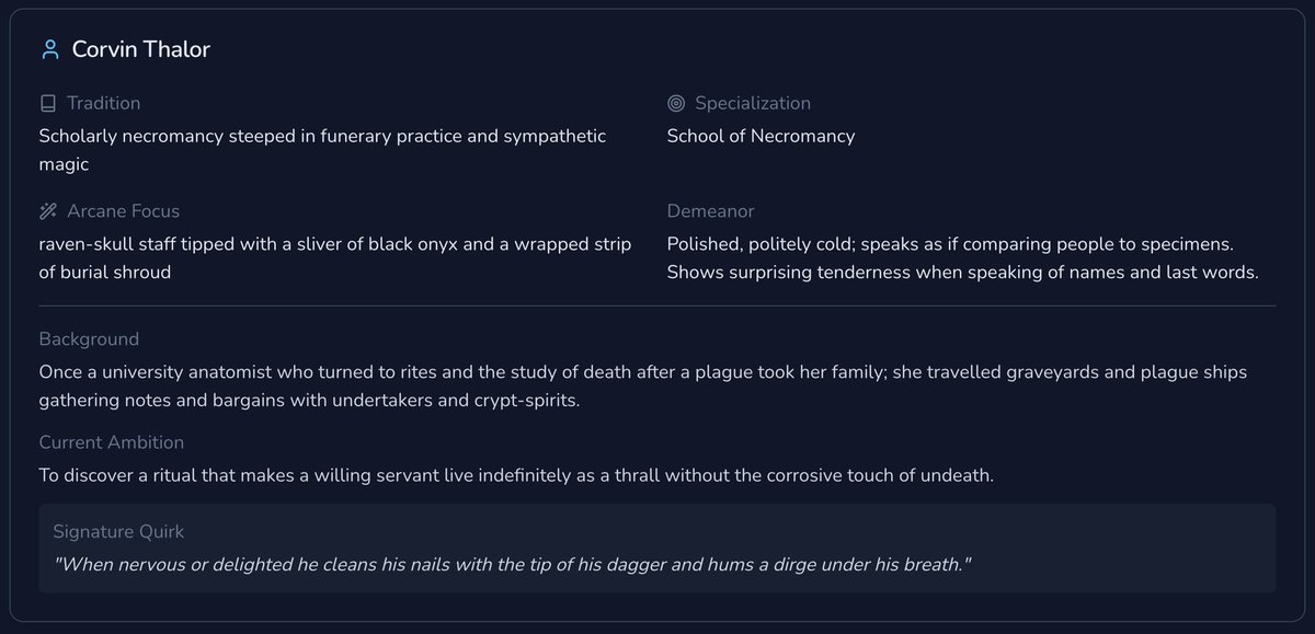 char_genAI's tweet image. Free Spellbook Generator

Choose your system (5E / PF), Level, and theme, and it gives you a full book with spells, notes, wards, and flavour text you can use straight in-game.

&quot;Did the Wizard drop a spellbook?&quot; 
&quot;Yes&quot;.

char-gen.com/spellbook-gene…

#DnD #TTRPG #DMTools #Fantasy