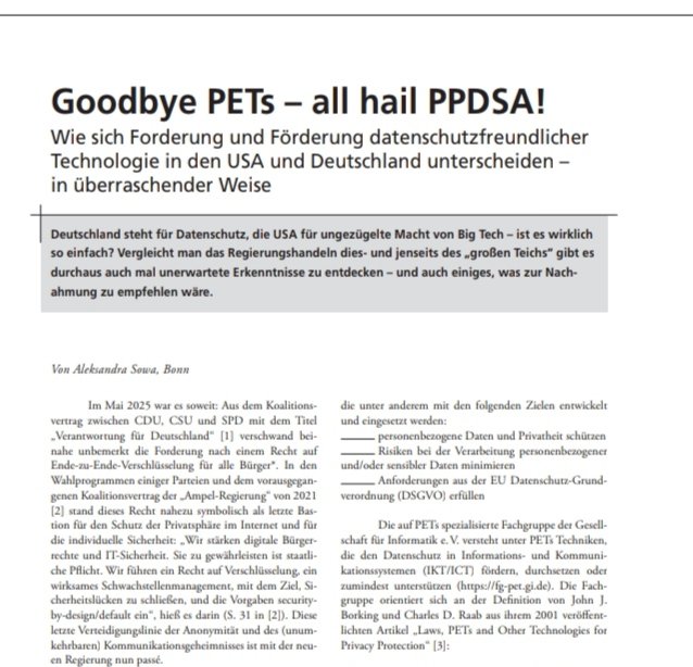 kryptomania84's tweet image. Deutschland steht für #Datenschutz, die USA für ungezügelte Macht von #BigTech? Nicht unbedingt, wie #PPDSA und #PETs-Strategien zeigen. Allerdings geht es dort um "American's privacy". Für "German's Datenschutz" muss die deutsche Regierung selbst sorgen.
kes-informationssicherheit.de/print/titelthe…