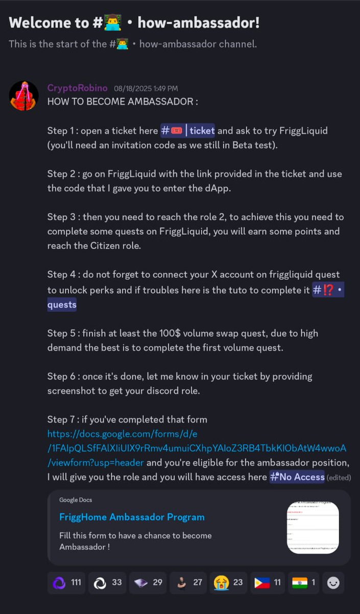 TechieWavee's tweet image. Getting Started with Frigghome and Ambassadorship program
- Follow @FriggHome and join discord
- visit : friggliquid.app/?c=EASSTJ
- Enter this access code: EASSTJ
- complete simple “quests” to unlock early-user rewards.
- then you need to reach the role 2, to achieve this you need…