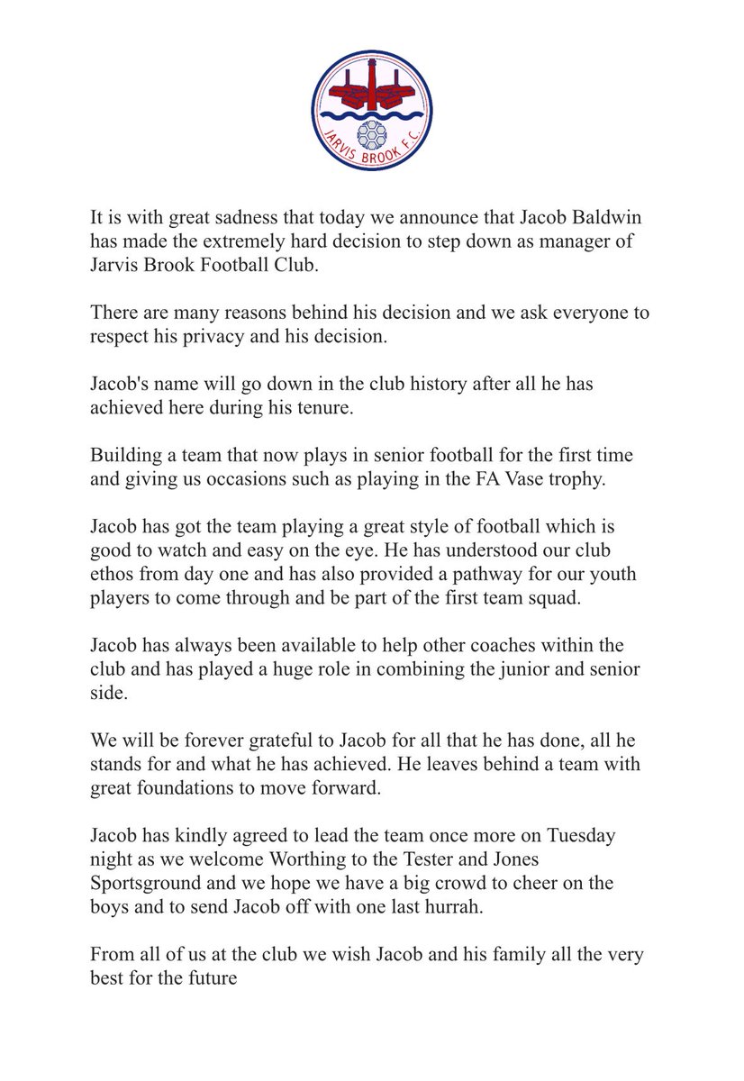 JARVISBROOKFC's tweet image. Club Statement...

Jacob Baldwin