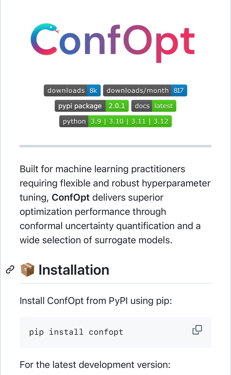 predict_addict's tweet image. I have been saying for years Conformal Prediction is the next big thing for #optimization.

It is great to see new package ConfOpt that is already making waves. According to authors:

“In single fidelity, ConfOpt consistently outperforms Optuna, SMAC and other automl packages.…
