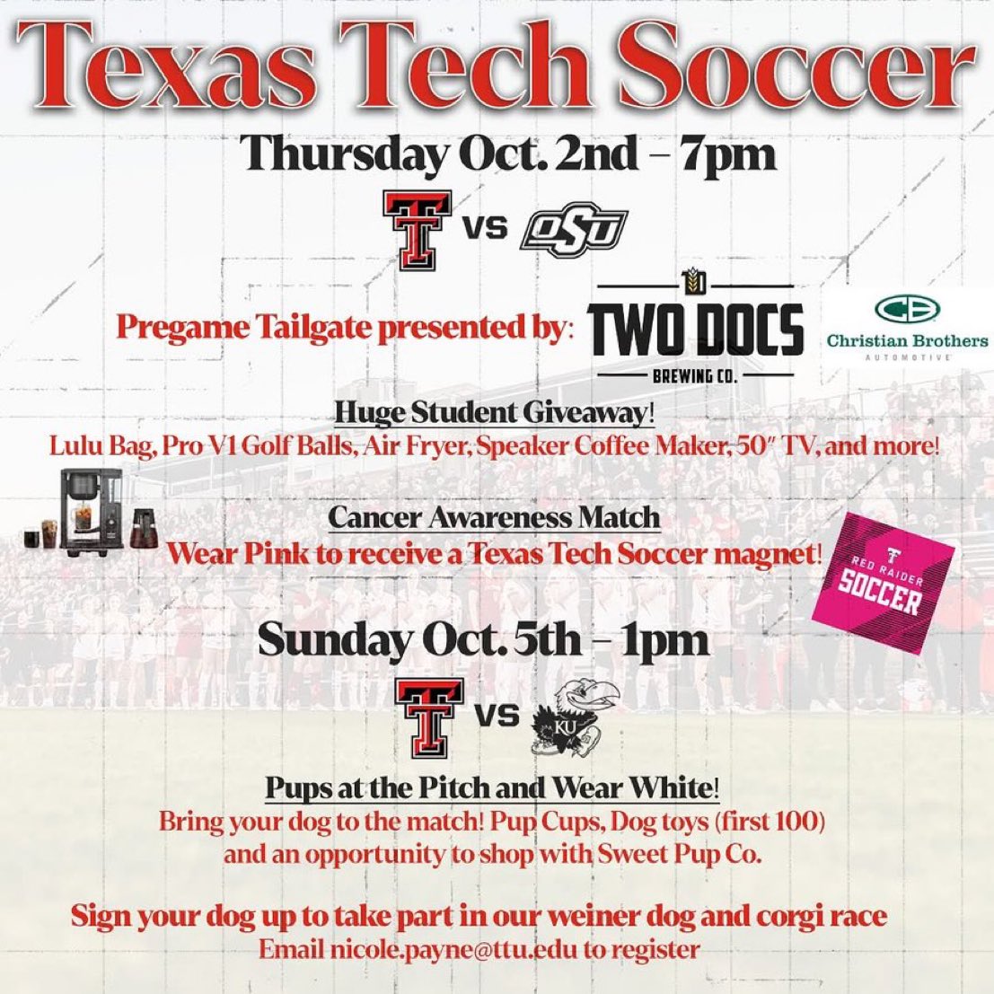 TwoDocs's tweet image. Let’s run it back!! It’s Pups at the Pitch Day so bring your pooch and have a cold Raiderland Red before @TexasTechSoccer takes on the Jayhawks at the John Walker Soccer Complex! #wreckem #drinklocal