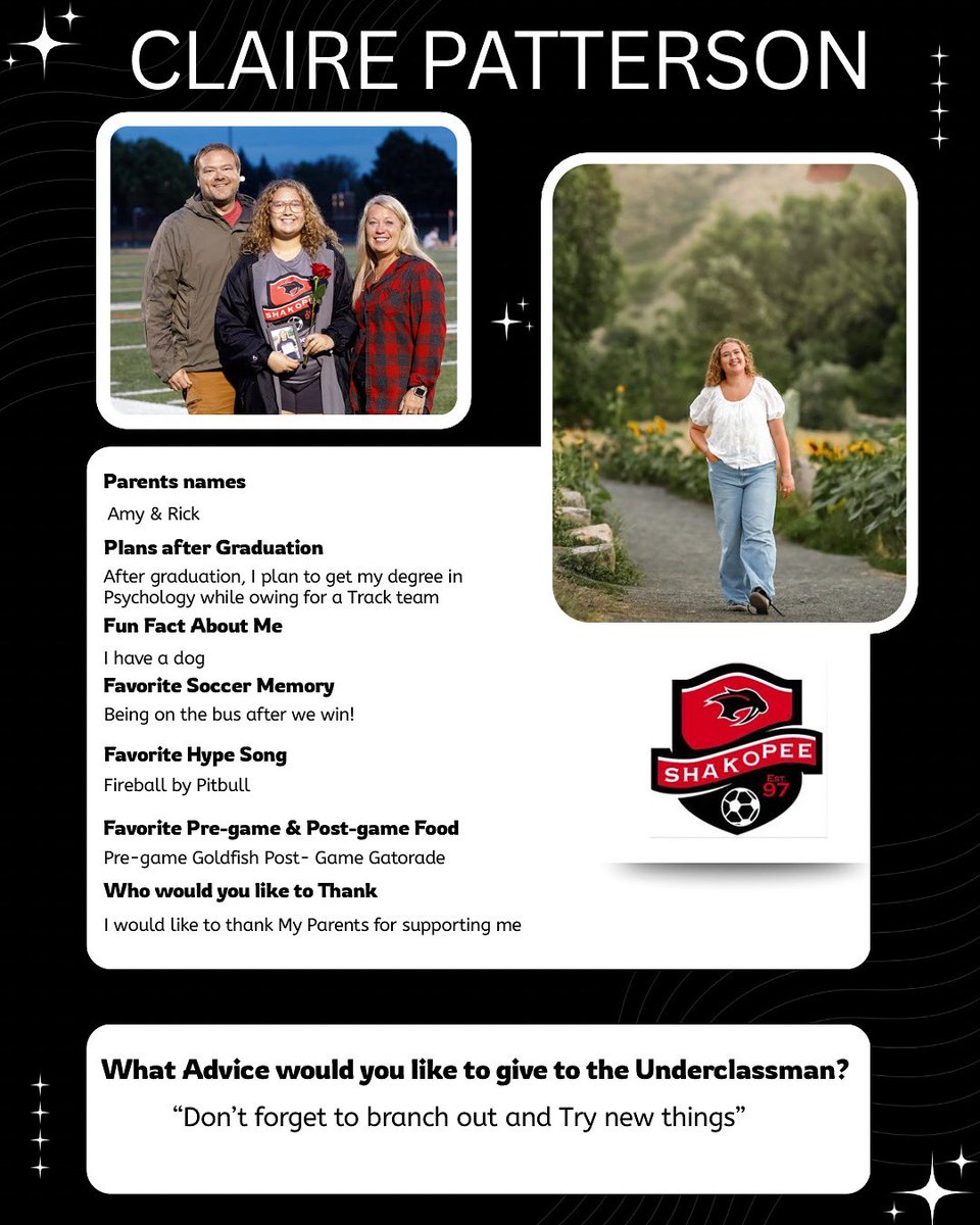 ✨Class of 2026 Senior Spotlight ✨

•Claire Patterson• Varsity Student Manager•