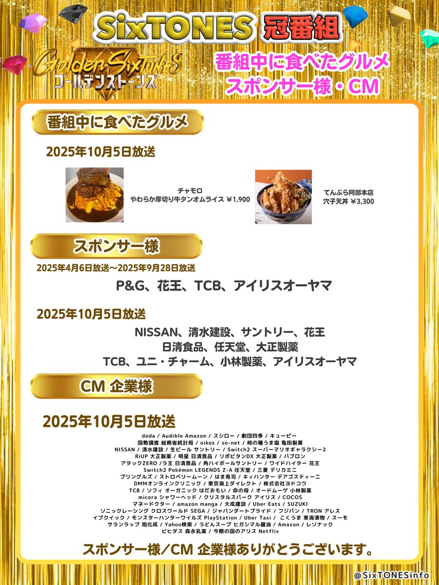 📺「Golden SixTONES」毎週日曜 日テレ 21時 番組中に食べたグルメ