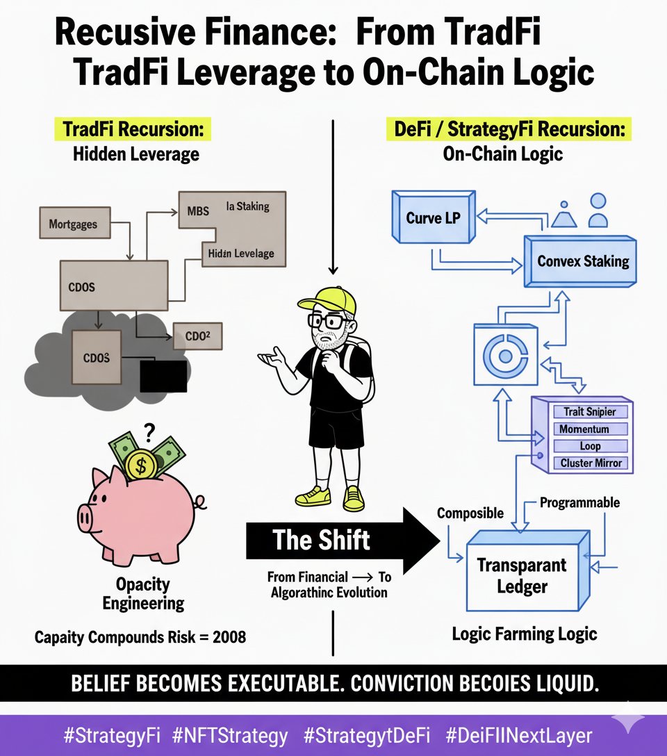 TradFi hid recursion. DeFi exposed it. StrategyFi programs it.

CDOs built leverage on leverage. DeFi built yield on yield. StrategyFi builds logic on logic — strategies trading strategies, in full view.
Recursive finance just went transparent. #TradFi #DeFi #StrategyFi