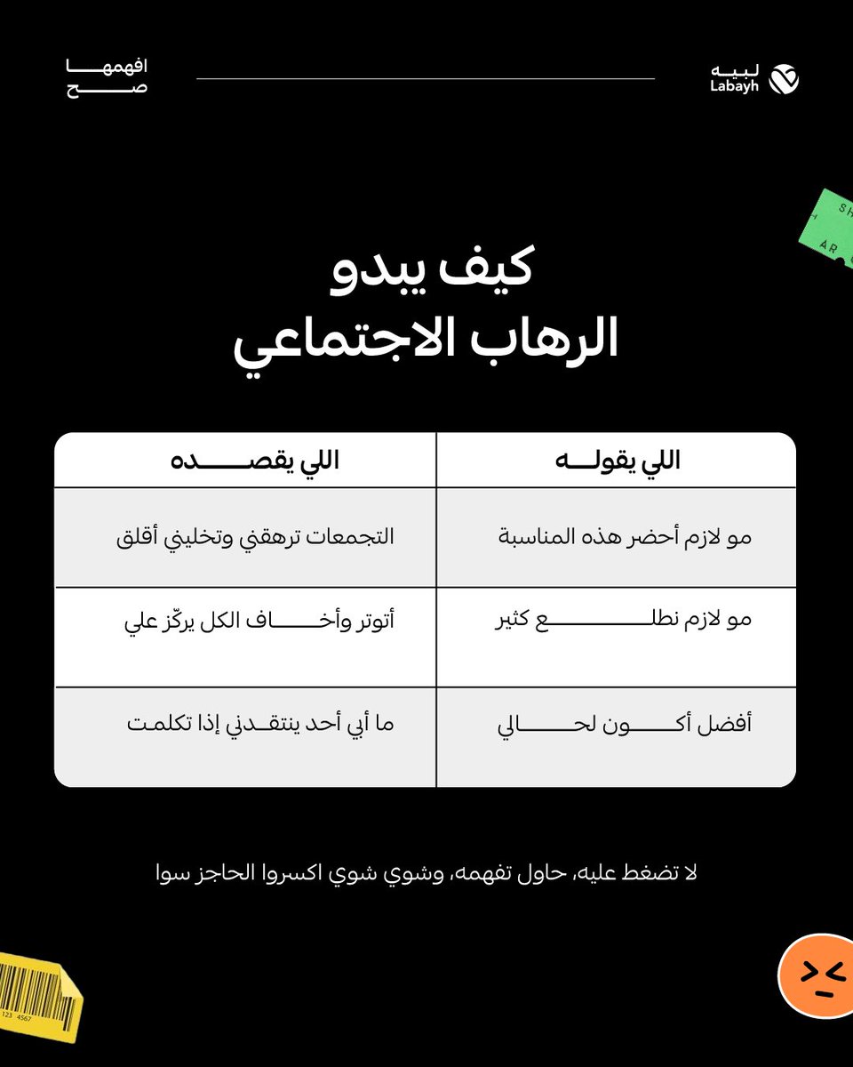 لبيه (@labayhapp) on Twitter photo ممكن #الرهاب_الاجتماعي يبدو ظاهريًا كسلوك انسحابي😥
لكن في الحقيقة الشخص اللي يمر فيه يعاني كثير❤️🩹
حاول بس تفهمه، وتعذره، وتحسسه إنك معه بدون تضغط عليه ممكن #الرهاب_الاجتماعي يبدو ظاهريًا كسلوك انسحابي😥
لكن في الحقيقة الشخص اللي يمر فيه يعاني كثير❤️🩹
حاول بس تفهمه، وتعذره، وتحسسه إنك معه بدون تضغط عليه