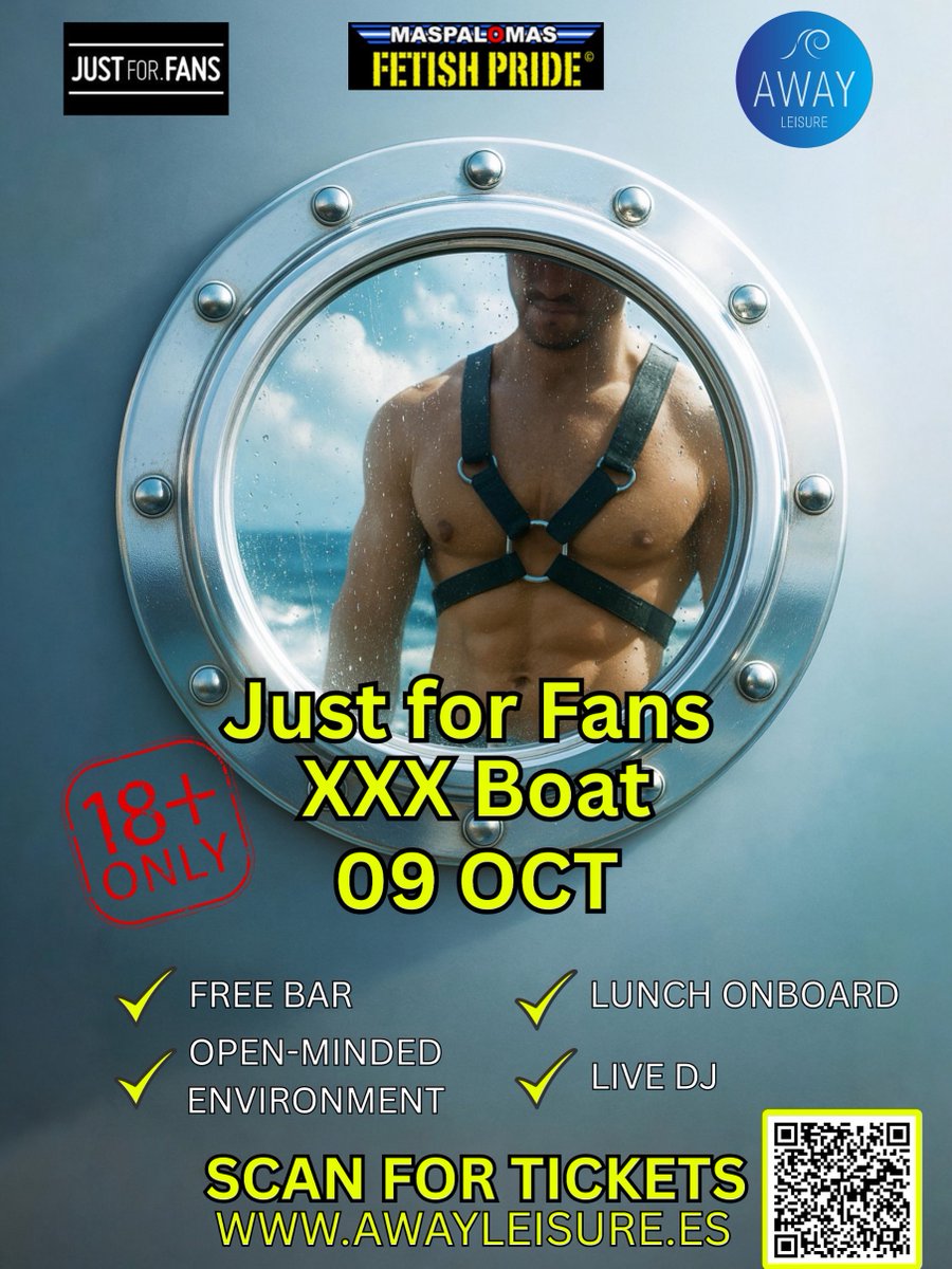 Sail into Fetish Pride like a pro 😈

Free bar • 200 hot guys • Live DJ

JustForFans XXX Naked Boat - Oct 9

🎟️ maspalomasfetishpride.com/tickets/

<a href="/MFW_GC/">MaspalomasFetishPride</a> <a href="/JustForFansSite/">JustForFans</a> <a href="/AwayLeisure/">Away Leisure</a> 
#maspalomas #gay #fetish #pride #nakedboat #awayleisure