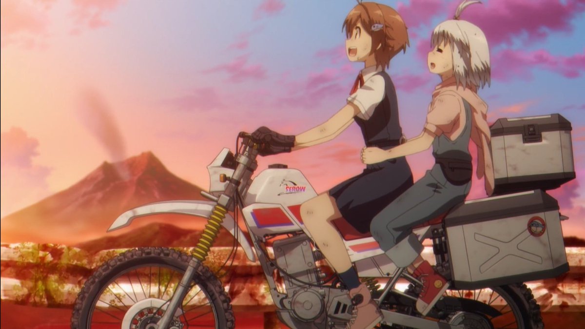reonor08's tweet image. #終末ツーリング 1話
#2025秋アニメ 
誰もいない終末世界を旅する少女、ヨーコとアイリ。2人の少女と1台のセローが滅んだ日本を駆け回る――

原作は漫画
ジャンルはSF、旅
作画は良！背景美術気合入ってます😊
呑気な二人だなっと心配したが後半の展開に納得
富士山が…🥺
(↓もう少し)
