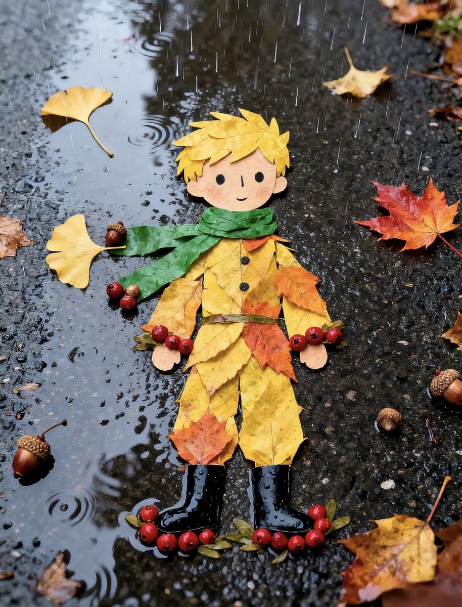Ginkgo, akçaağaç, meşe palamudu ve kırmızı meyvelerle minik bir masal kahramanı 🍂