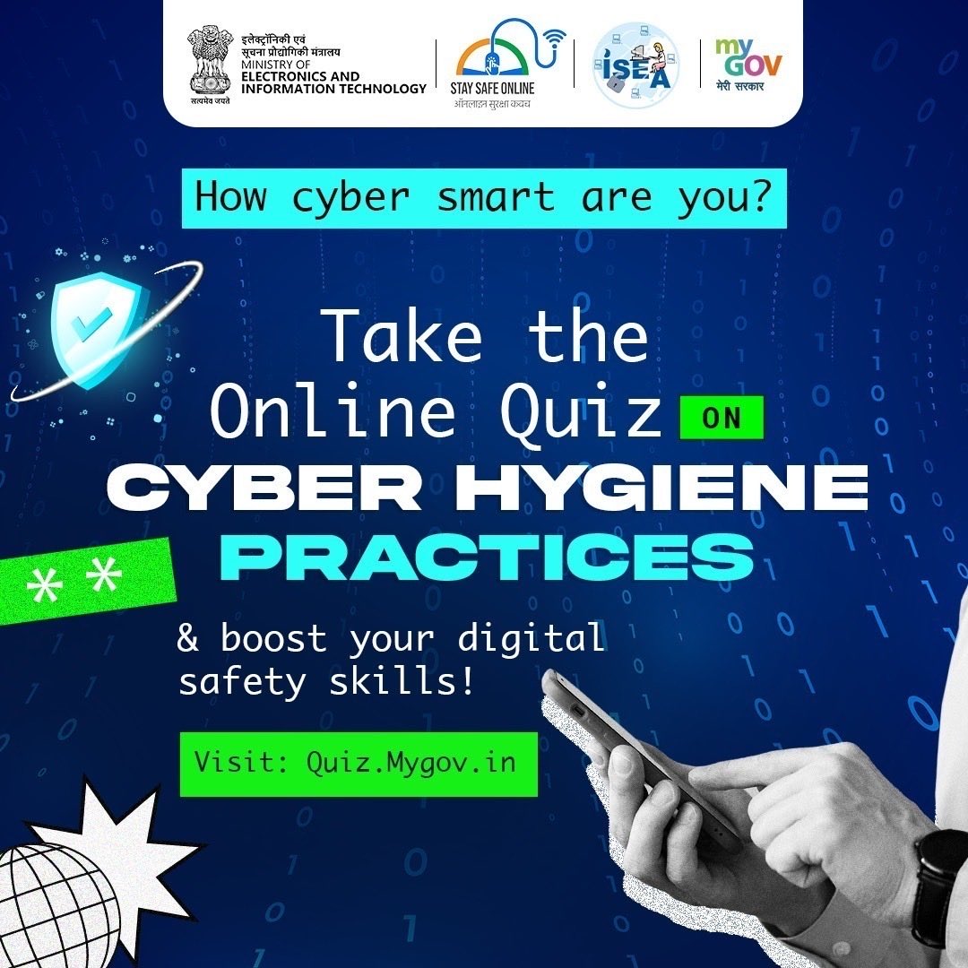 mygovindia's tweet image. Level up your online safety!

Test your cyber skills with the Cyber Hygiene Quiz.

👉 quiz.mygov.in/quiz/online-qu… 

#CyberSmart #DigitalIndia

@GoI_MeitY