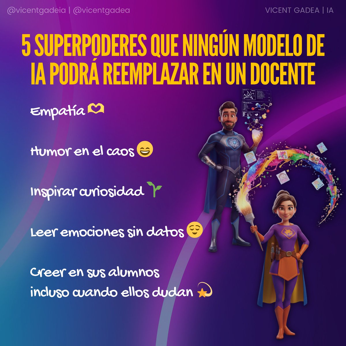 vicentgadea's tweet photo. Hoy es el #DíaMundialDelDocente 🌍

Y hay algo que ninguna IA podrá reemplazar: la pasión de quien enseña creyendo que educar puede cambiar el mundo 💫

Gracias a todos los profes que inspiran, acompañan y transforman vidas.

📣 Comparte si algún profe te inspiró a ser mejor. https://t.co/dnYqYLxRif