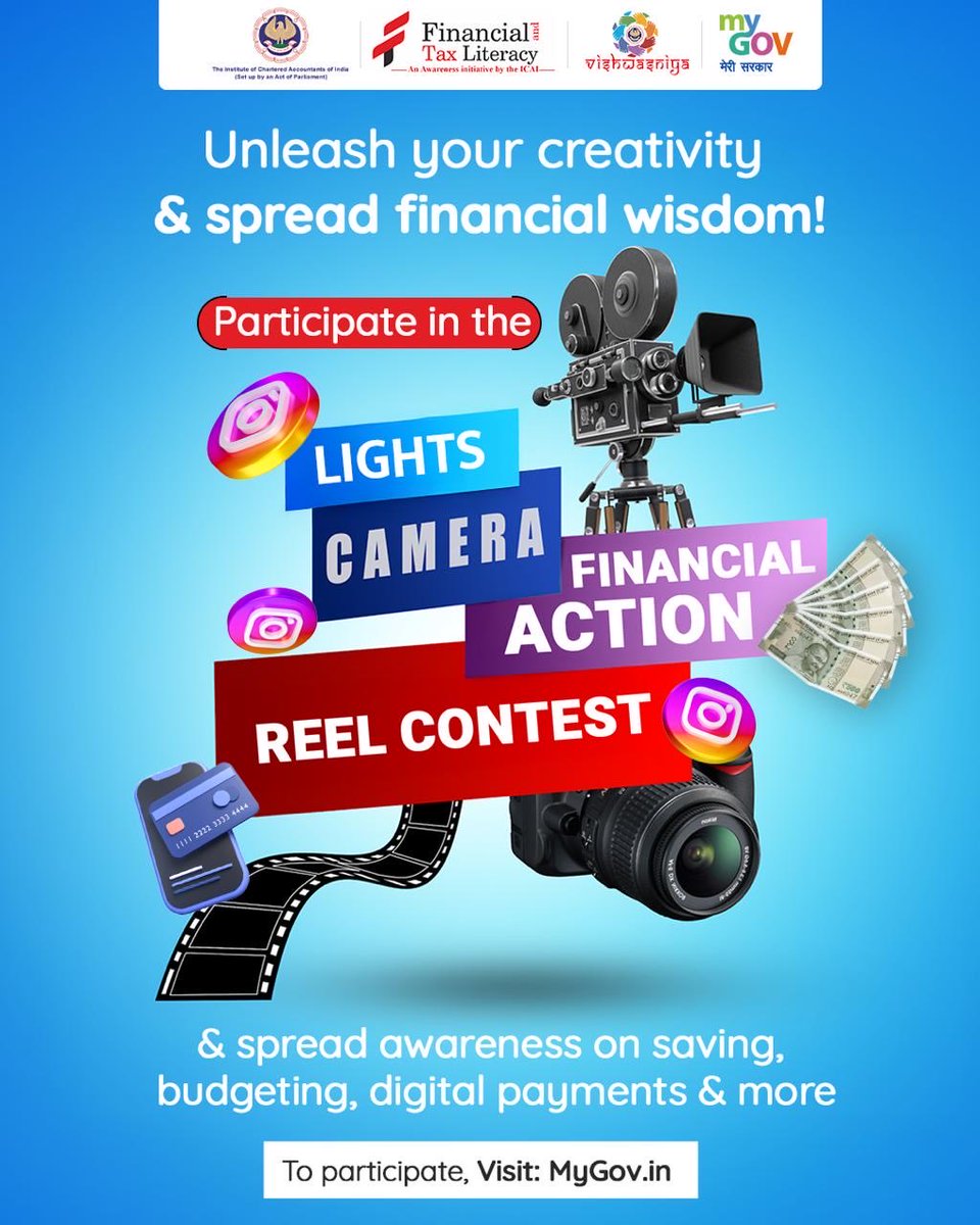 mygovindia's tweet image. Lights, Camera, Finance!

Show off your creativity with reels on saving, smart budgeting &amp;amp; digital payments to spread financial awareness.

👉 mygov.in/task/lights-ca… 

#ReelContest #MyGovContest

@icaivittiyagyan