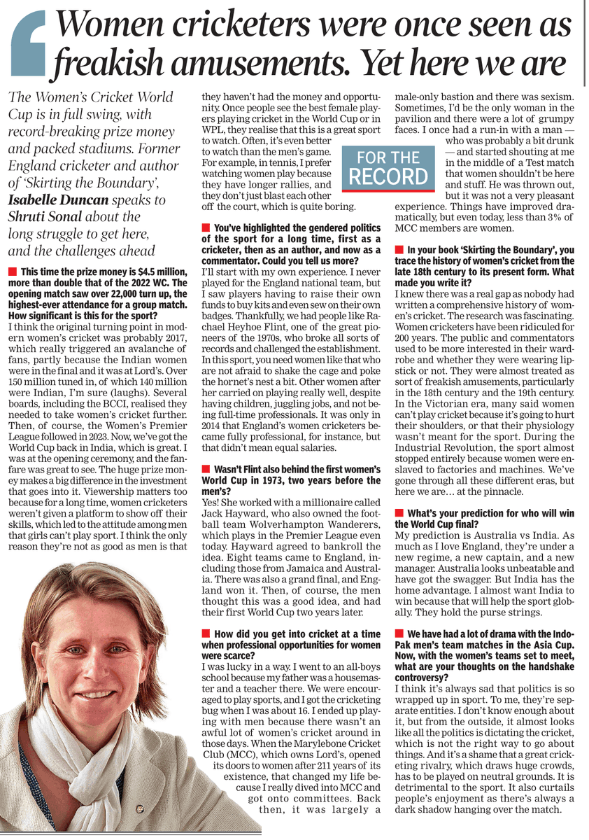 "Women cricketers have been ridiculed for 200 years. The public and commentators used to be more interested in their wardrobe and whether they were wearing lipstick or not. They were almost treated as sort of freakish amusements...Yet here we are today." - <a href="/fineglance/">isabelle duncan</a> 

#wwc2025