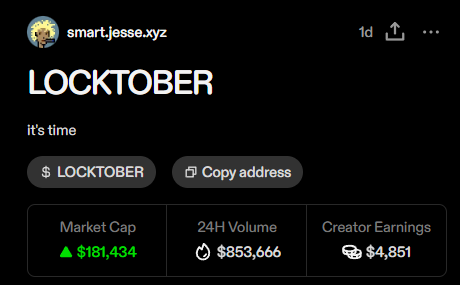 .<a href="/jessepollak/">jesse.base.eth</a> has so far made $4851 in creator earnings in less than 12hrs from his <a href="/zora/">$zora</a> and The <a href="/base/">Base</a> App Coining. 

I wonder how he could use those fee's to promote $locktober and <a href="/base/">Base</a>... 

zora.co/coin/base:0x96…