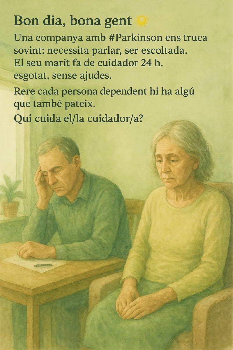 cuidadors's tweet photo. #BonDia bona gent! Aquesta imatge recull el q volem comentar: #dona afectada #Parkinsons #parkinson necessita ajut 24h al dia #marit #cuidadorprincipal esgotat #físicament #emocionalment, ens trobem amb 2 persones #dependents qui cuida #cuidadores? #itucomestas @XSFCuidadores ? https://t.co/XkjNIKGueb