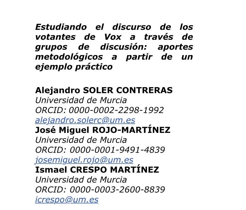 Llevamos ya mucho tiempo estudiando y tratando de comprender las motivaciones de los votantes de Vox.

Muy pronto verá la luz en <a href="/Encrucijadas/">Encrucijadas</a> un artículo que analiza un corpus conversacional de 450 minutos (5 grupos de discusión) con estos ciudadanos. 

Escuchar para entender.