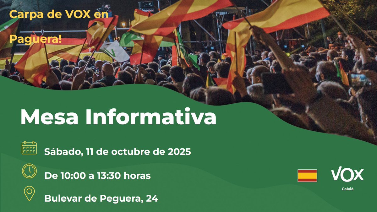 🟢 Ven a nuestra Mesa Informativa y cuéntanos de primera mano tus preocupaciones.
Queremos escucharte y seguir construyendo juntos la alternativa firme y sin complejos que Calvià necesita.

📍 Bulevar de Peguera, 24
🗓️ Sábado, 11 de octubre
⏰ De 10:00 a 13:30h