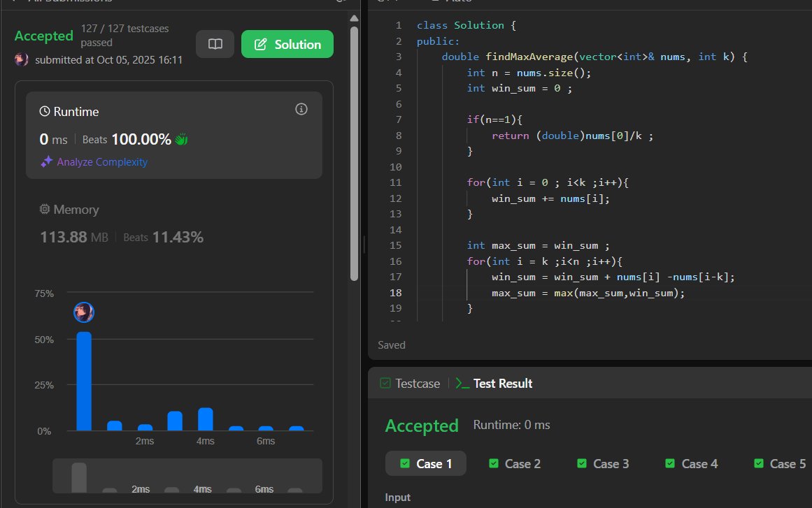 pallavicodes's tweet image. Day 65 of #100DaysOfCode 
Tried the Sliding Window technique for the first time today — and it’s actually kinda cool 
Solved LeetCode #643 – Maximum Average Subarray I
#LeetCode #Cplusplus #CodingJourney #DevCommunity #100DaysOfDSA