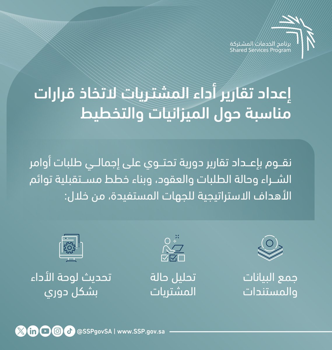 تسهُم تقارير أداء المشتريات الدورية في بناء خطط مستقبلية توائم أهداف الجهات المستفيدة.

ssp.gov.sa
#برنامج_الخدمات_المشتركة