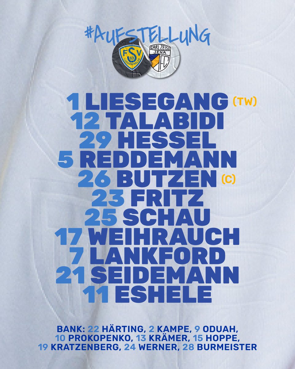fccarlzeissjena's tweet photo. 𝐀𝐔𝐅𝐒𝐓𝐄𝐋𝐋𝐔𝐍𝐆
Unser Mannschaft für das Duell mit dem FSV 63 Luckenwalde 💪⚽️
#FCC #MehrAlsFussball #fccarlzeissjena #regionalliga #regionalliganordost #meistermüssenaufsteigen #FSVFCC https://t.co/pqZKEZyxyx