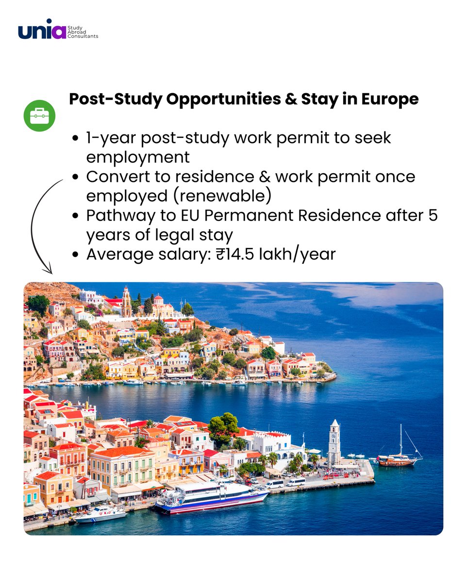 uni_ambition's tweet image. 🇬🇷 Greece isn’t just history &amp;amp; islands anymore — it’s Europe’s hidden study-abroad gem!

🎓 Tuition ₹9–10L/yr | Living €700/mo
💼 Work 20 hrs/week | €5–8/hr
🚀 1-yr post-study work | Schengen access 🌍
English programs + apply without IELTS

#StudyInGreece #StudyAbroad