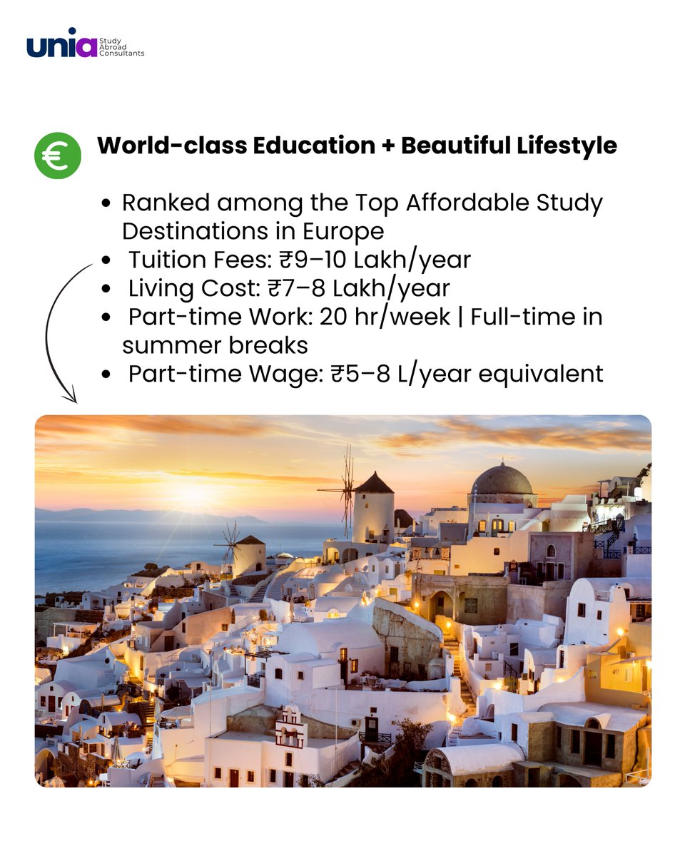 uni_ambition's tweet image. 🇬🇷 Greece isn’t just history &amp;amp; islands anymore — it’s Europe’s hidden study-abroad gem!

🎓 Tuition ₹9–10L/yr | Living €700/mo
💼 Work 20 hrs/week | €5–8/hr
🚀 1-yr post-study work | Schengen access 🌍
English programs + apply without IELTS

#StudyInGreece #StudyAbroad