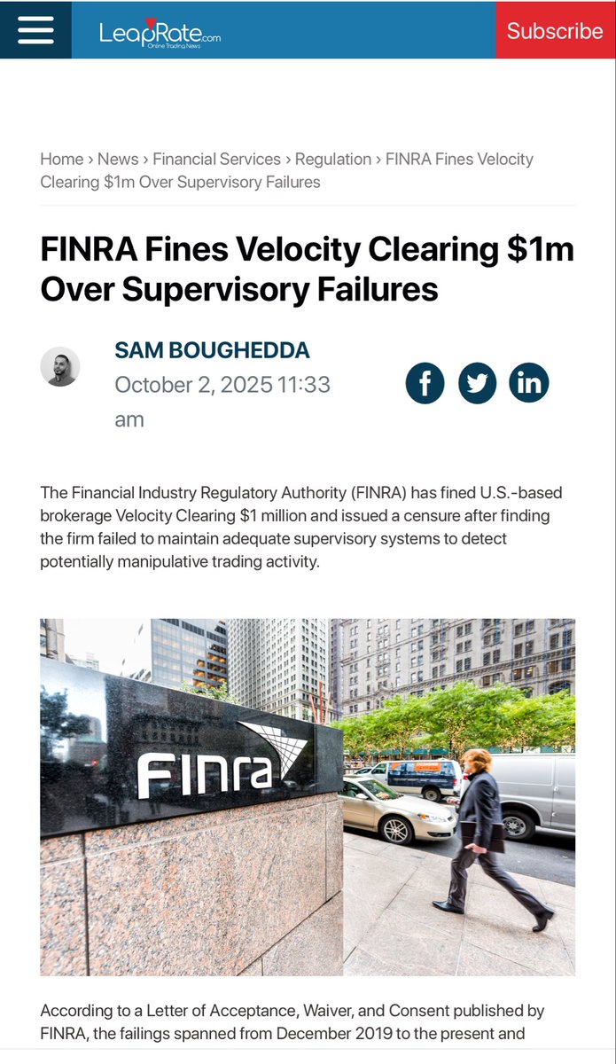 You can't make this up

Velocity Clearing Ignores MILLIONS of Alerts About Suspicious Trading 

<a href="/FINRA/">FINRA</a> issues an "Admit No Wrongdoing $1 Million fine" 

The report says only ONE person worked in Velocity's  Compliance Department at times (with thousands of alerts going off)