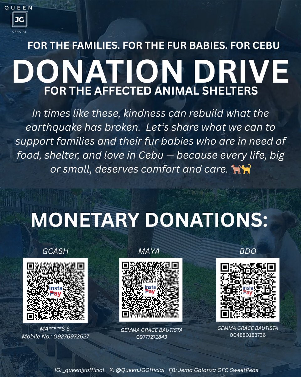 QueenJGOfficial's tweet photo. Cebu needs us — and so do the fur babies. 

We’re opening a donation drive for the affected animal shelters in Cebu, including Legacy of Hope Animal Shelter and others in need.

All proceeds will go directly to them to provide food, care, and safe spaces for our furry friends and the families who love them

📩 Feel free to message us for any questions or donation concerns.

Together, let’s make hope happen — for the families, for the fur babies, for Cebu. 🐶🐱