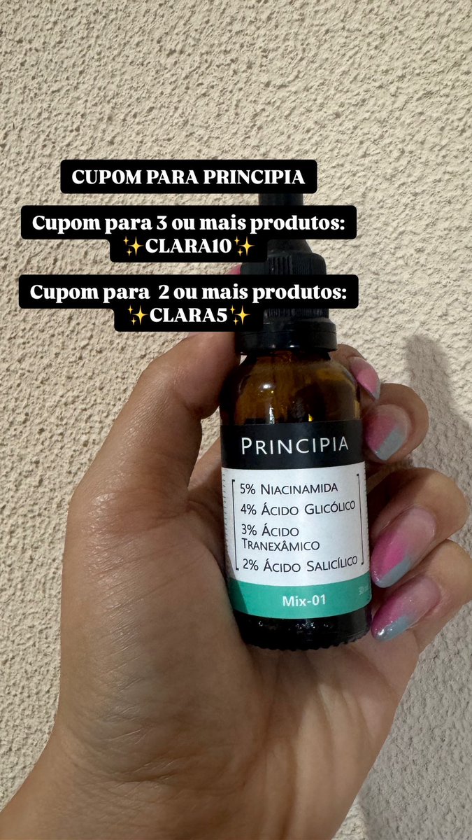 cupom para principia ????? Temos 💖
•

Cupom para  3 ou mais produtos: ➡️clara10⬅️ 
•
Cupom para  2 ou mais produtos: ➡️clara5⬅️