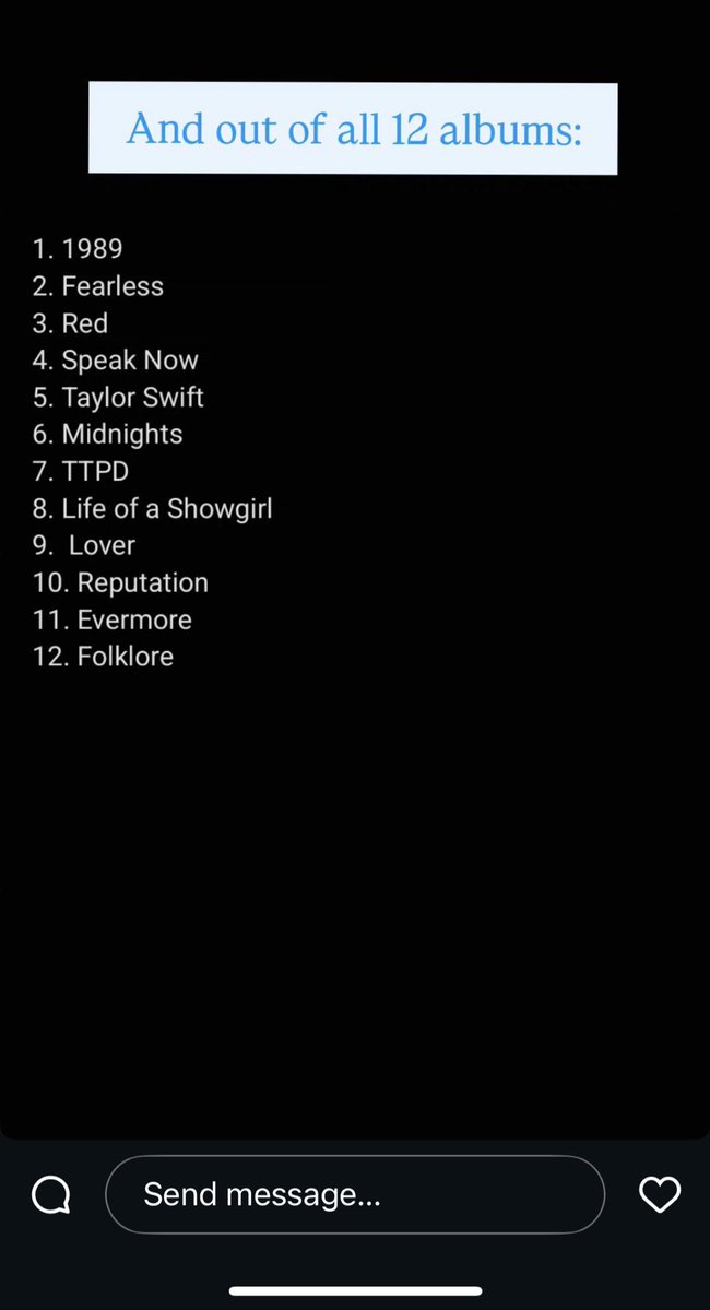 tisthedamseas0n's tweet image. Someone I follow on insta posted this as their updated Taylor Swift album order…….
😳