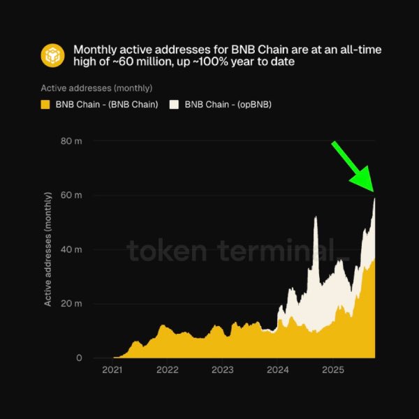 ritik778yaad's tweet photo. JUST IN: $BNB chain monthly active addresses hits new all-time high of 60,000,000. https://t.co/Ea8nIv5ZWD