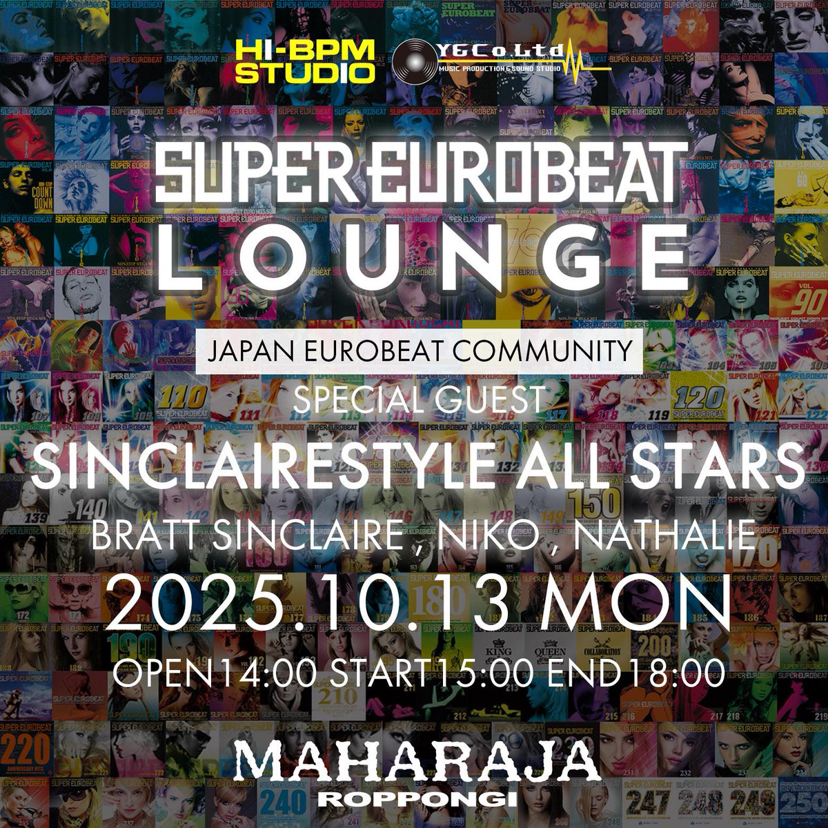 Tonight at Maharaja Roppongi — the Super Eurobeat Lounge opens its doors for an exclusive Meet &amp; Greet with Bratt Sinclaire, Niko, and Nathalie! 💫
A special night for fans 🔥 ❤️
🎟️ Tickets: t.livepocket.jp/e/zmn9x
#SinclaireStyle #BrattSinclaire #EurobeatLounge #TokyoNights