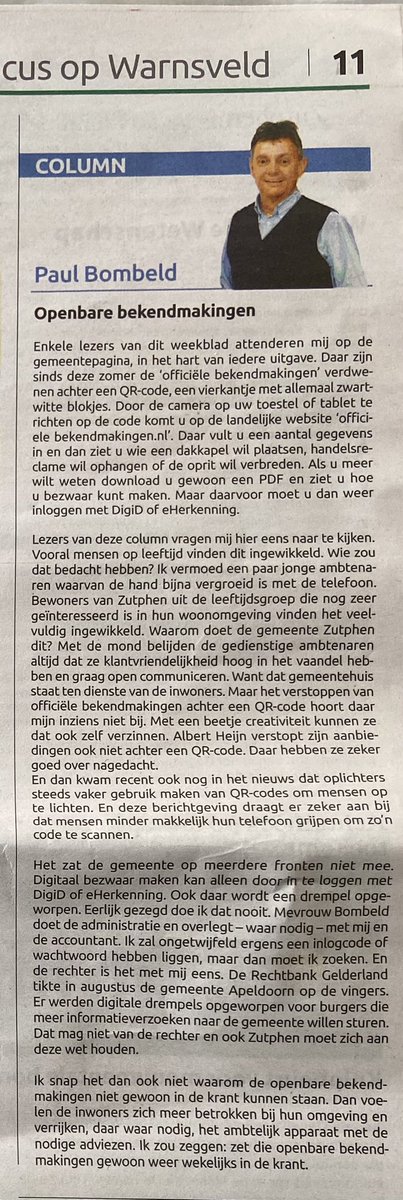 Paul Bombeld weer op z’n best in Contact van 1 oktober jl. Er valt niets aan toe te voegen. #Zutphen #gemeenteraadZutphen  #bekendmakingen