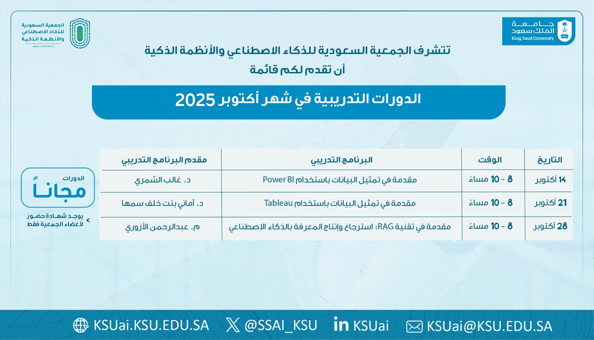 اغتنم فرصة التسجيل في الدورات التدريبية المجانية لشهر أكتوبر 2025م والحصول على شهادة حضور من خلال الانضمام لعضوية الجمعية. لمزيد من تفاصيل أنواع العضويات وطريقة التسجيل على الرابط: ksu.sa/Yfg4m
#الذكاء_الاصطناعي #جمعية_الذكاء
#powerbi 
#Tableau 
#RAG <a href="/_KSU/">جامعة الملك سعود</a> <a href="/CBA1_KSU/">كلية إدارة الأعمال</a>