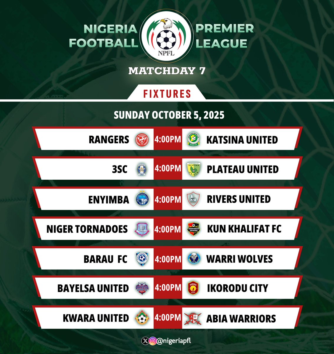 NigeriaPFL's tweet photo. 7️⃣ games on deck in #NPFL26 🔥
Who’s stealing the spotlight today? 👀
#RANKAT
📺 #SHOPLA
📺 #ENYRIV
#TORKUN
📺 #BARWOL
📺+📻 #BAYIKD
📺 #KWAABI
📺+📻 Catch 5 games LIVE on @NPFL_Live & @radionigeriahq 🎙️ https://t.co/i6safU8IIN