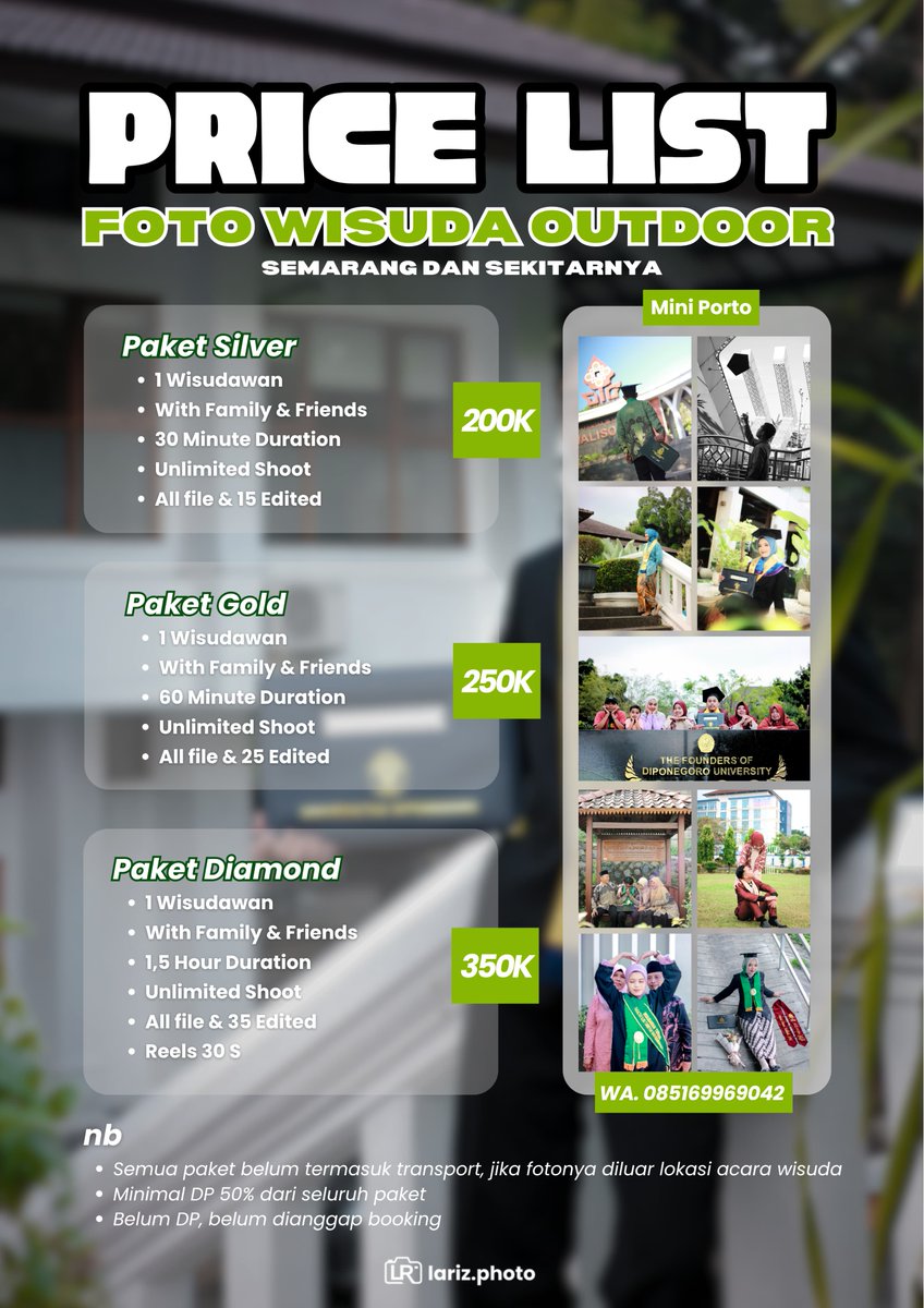 smarpolfess's tweet photo. healthies! Haiii, Pejuang toga! 🎓

📸 Momen wisuda nggak datang dua kali!
Yuk abadikan bareng keluarga &amp; sahabat di Lariz Photo 🎓💚
Outdoor vibes, harga bersahabat!

📲 WA: 085169969042

#FotoWisuda #WisudaOutdoor #LARIZPHOTO #FotograferSemarang #OOTDWisuda https://t.co/atFvwy9jyk