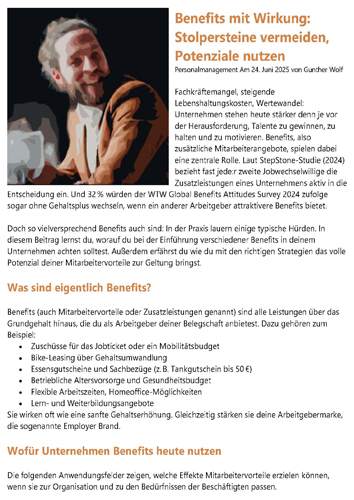 #Benefits, also zusätzliche Mitarbeiterangebote, spielen eine zentrale Rolle. 
--
Wolf, Gunther: Benefits mit Wirkung. Stolpersteine vermeiden, Potenziale nutzen. Kostenlos zum Download auf bindung-mitarbeiter . de unter "Literatur / Fachartikel Mitarbeiterbindung"