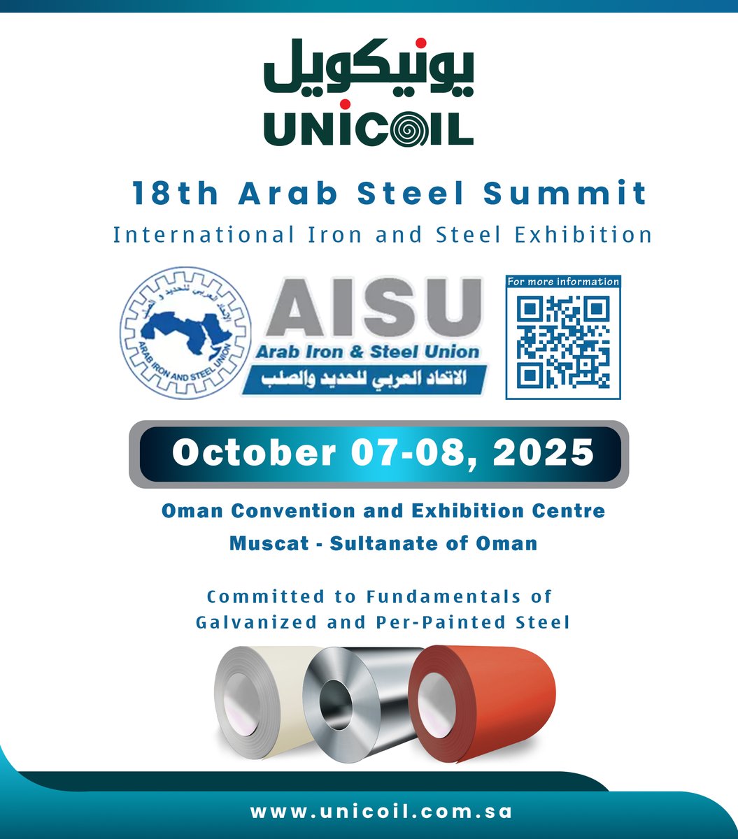UnicoilKsa's tweet photo. 18th Arab Steel Summit - Muscat - Sultanate of Oman

“ UNICOIL Committed to Fundamentals of Galvanized and Per-Painted Steel “
 We are excited to see you .

More information: 
https://t.co/vf57NLAofE

#ArabSteelSummit
#Unicoil 
#MetalCoating 
#MuscatEvents
#Exhibition https://t.co/5fGXLHt6zq