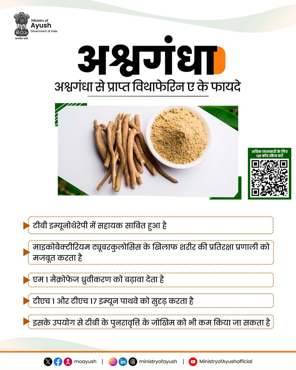 एक अध्ययन में अश्वगंधा (विदानिया सोम्निफेरा) से मिलने वाले विथाफेरिन ए को टीबी के इलाज में सहायक पाया गया है। विथाफेरिन ए शरीर की प्रतिरक्षा प्रणाली को मजबूत करने में मदद करता है साथ ही टीबी के खिलाफ जंग में ये प्रभावी साबित हुआ है।

#ayurveda  #PublicHealth #TraditionalMedicine