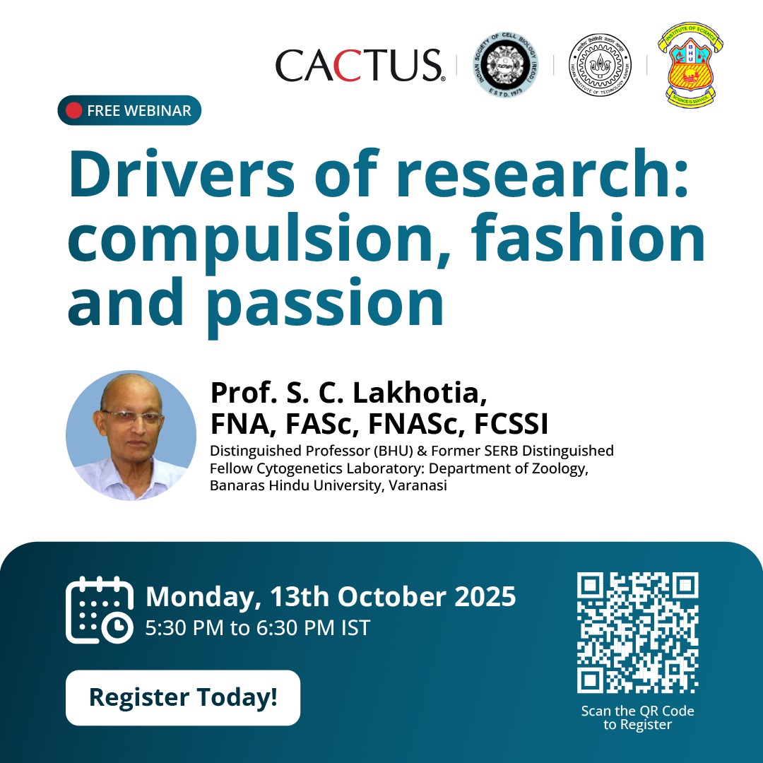 48th All India Cell Biology Conference, IIT Kanpur (@48thaicbc_iitk) on Twitter photo 🚨 Calling all budding biologists! 🚨
Get ready to dive into the world of cutting-edge research with one of India’s most respected scientists!
🧬 As part of a new webinar series by the Indian Society of Cell Biology (ISCB) in collaboration with Cactus Communications Pvt Ltd 🚨 Calling all budding biologists! 🚨
Get ready to dive into the world of cutting-edge research with one of India’s most respected scientists!
🧬 As part of a new webinar series by the Indian Society of Cell Biology (ISCB) in collaboration with Cactus Communications Pvt Ltd