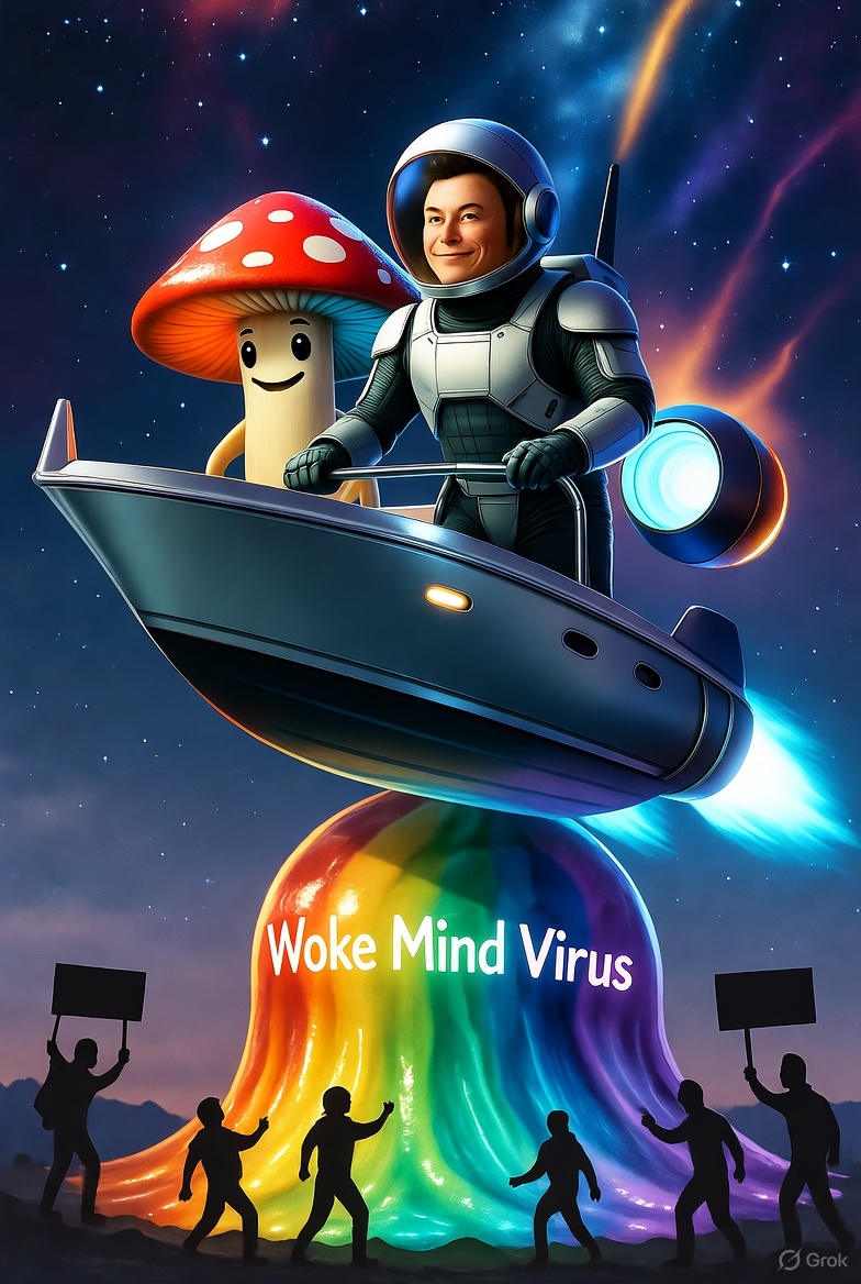 Mushroom Magic and the Woke Virus WipeoutIn the misty haze of a San Francisco dock, Elon Musk paced the deck of his rocket-powered yacht, The Meme Marauder, armed with nothing but a laptop full of savage tweets. The Woke Mind Virus (WMV) had gone full pandemic: baristas were