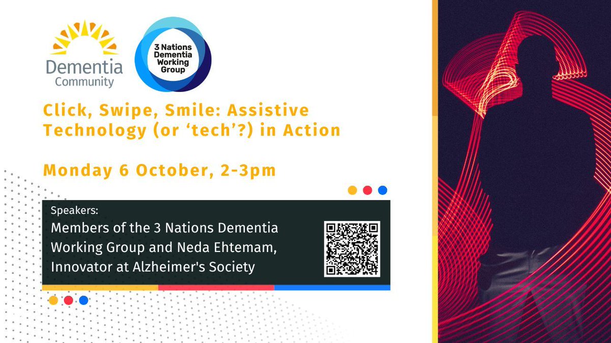 JDementiaCare's tweet image. 📢 Tomorrow: Click, Swipe, Smile – Assistive Technology or Tech in Action

🗓 Monday 6th October
⏰ 2–3pm (UK time)
💷 Free to attend

👉 Sign up free today: buff.ly/GhuUdH9

Follow us on Eventbrite: buff.ly/PyKTgwi

#AssistiveTech #DementiaCare

@3NDWG