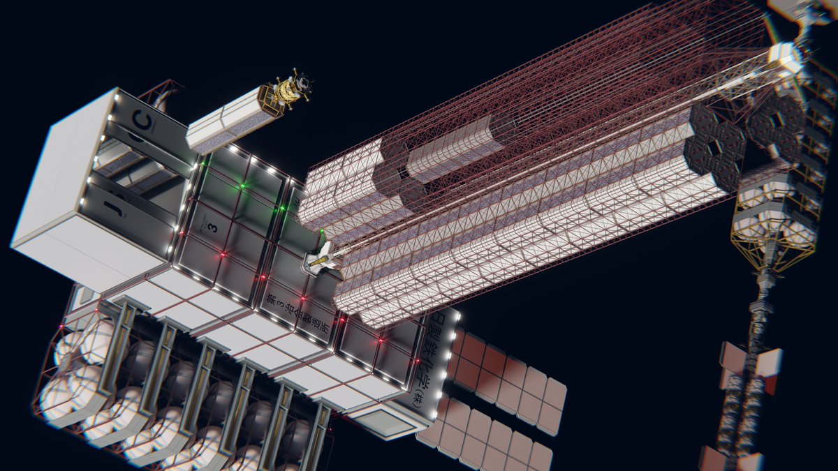wenchance's tweet image. Another angle:
A ship departs with empties while the plant loads up a rack of bulk containers with refined metals
Made some mods to the plant radiators in the meantime
#spacetoberChallenge #spacetober #spaceships #toughsf #hardsf #scifi #blender3D #3dartwork #scifiart #industry
