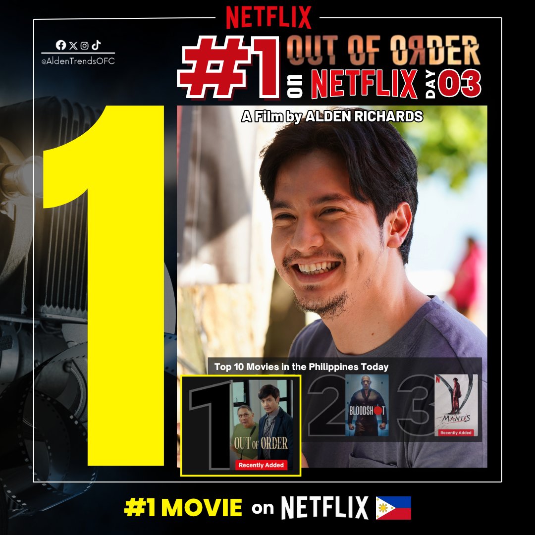 🔥 THREE DAYS STRAIGHT at #1 on Netflix PH! 🔥

OUT OF ORDER still reigns as the TOP MOVIE IN THE COUNTRY, and we couldn’t be PROUDER! 💥

MASSIVE SHOUTOUT to the FEARLESS VISIONARY Direk ALDEN RICHARDS, the stellar cast led by ALDEN RICHARDS, Heaven Peralejo, Sir Nonie