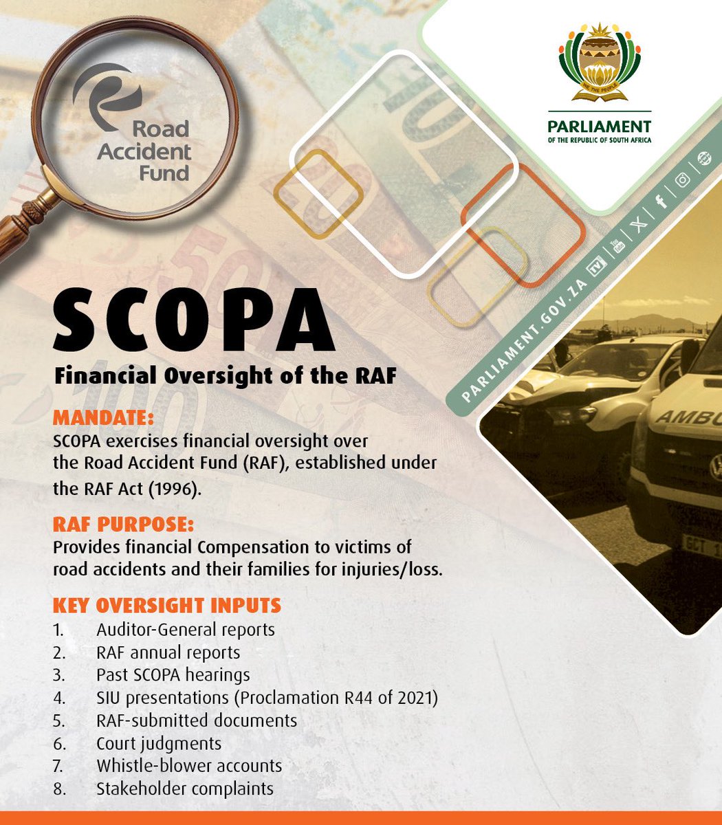 FinanceCluster's tweet photo. The Standing Committee on Public Accounts (#SCOPA) exercises financial oversight over the Road Accident Fund (#RAF), established under the RAF Act of 1996. #RAFEnquiry #TermsofReference https://t.co/1aVBGfmDOr