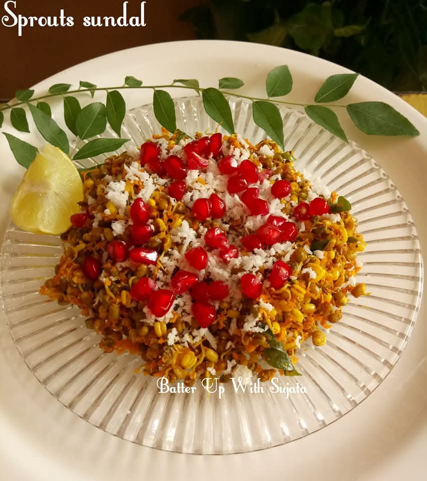 Sprouts sundal.
Very easy to make yet delicious dish made with mung sprouts.
You can serve this side dish as breakfast or evening snack too. A very nutritious filling and yummy dish. batterupwithsujata.com/2017/10/sprout…