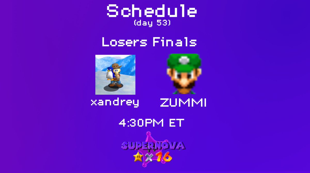 Supernova64T's tweet photo. Welcome to Day 53 of the Supernova 16!

The second last day! At 4:30PM ET we will have a 2 HOUR LTA with @xandrey64 and @Zummi230 to determine who goes to the Grand Finals to play against Finnii.

It's sure to be a great battle, don't forget to watch! https://t.co/oDvxyA15y4